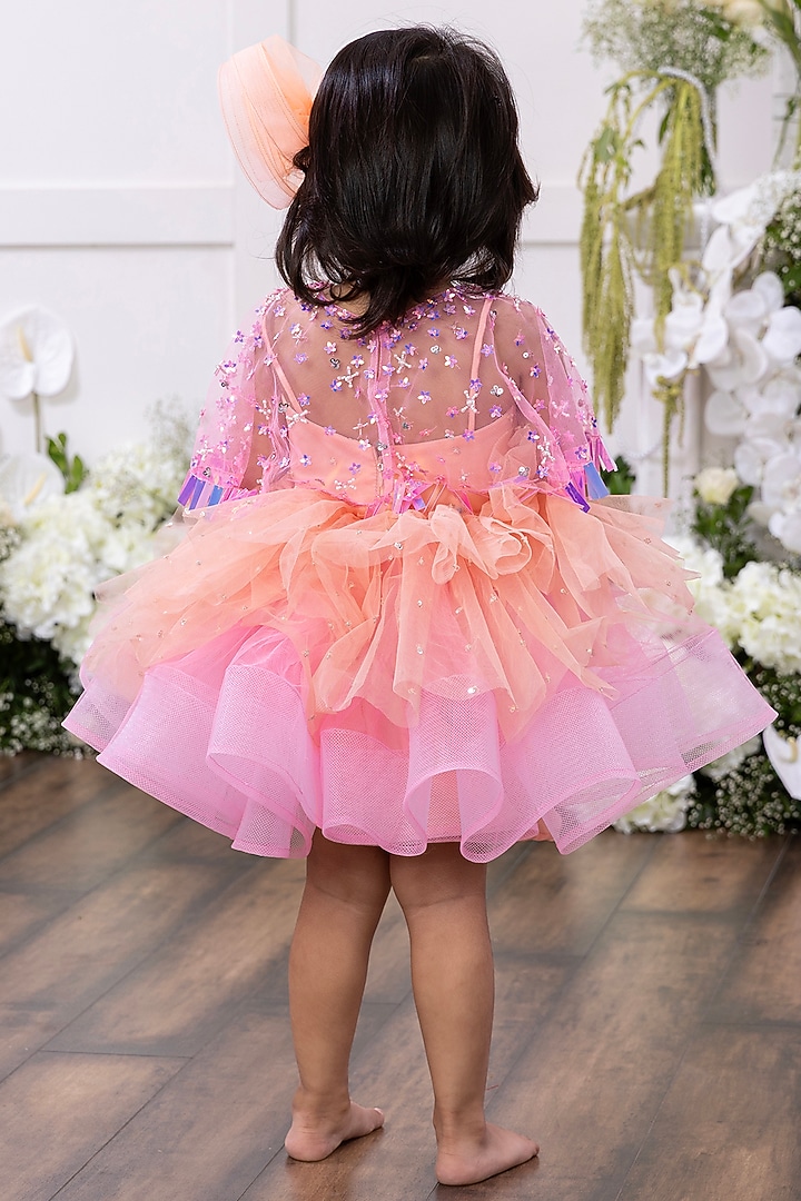 Soft Peachy Pink Taffeta Silk & Tulle Net Embroidered Jacket Dress For Girls by TAMASHA at Pernia's Pop Up Shop