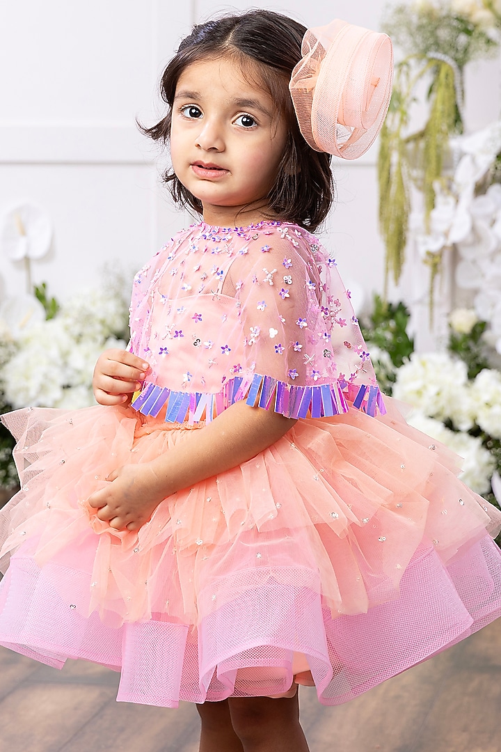 Soft Peachy Pink Taffeta Silk & Tulle Net Embroidered Jacket Dress For Girls by TAMASHA at Pernia's Pop Up Shop
