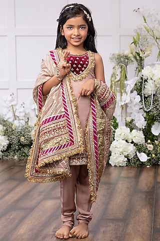 Blush Pink Velvet Embroidered Kurta Set For Girls by TAMASHA