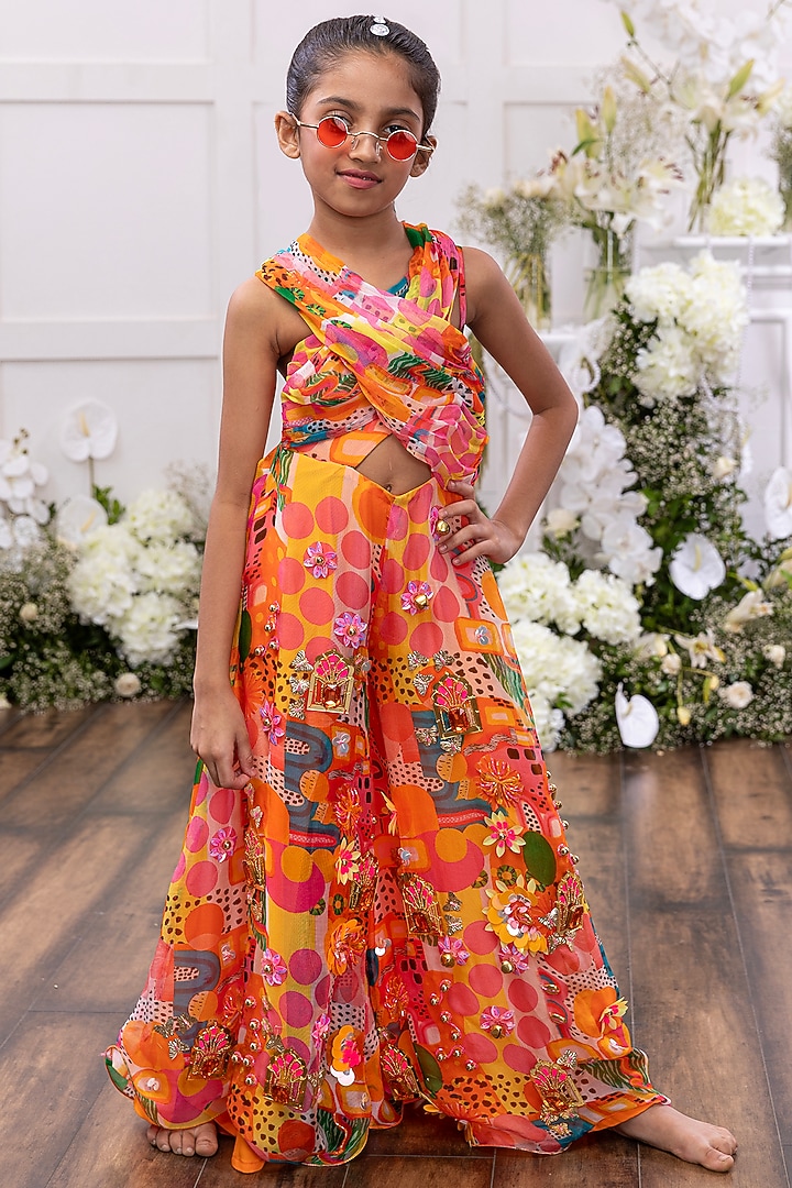Orange Georgette Printed Jumpsuit For Girls by Tinsel Kids at Pernia's Pop Up Shop