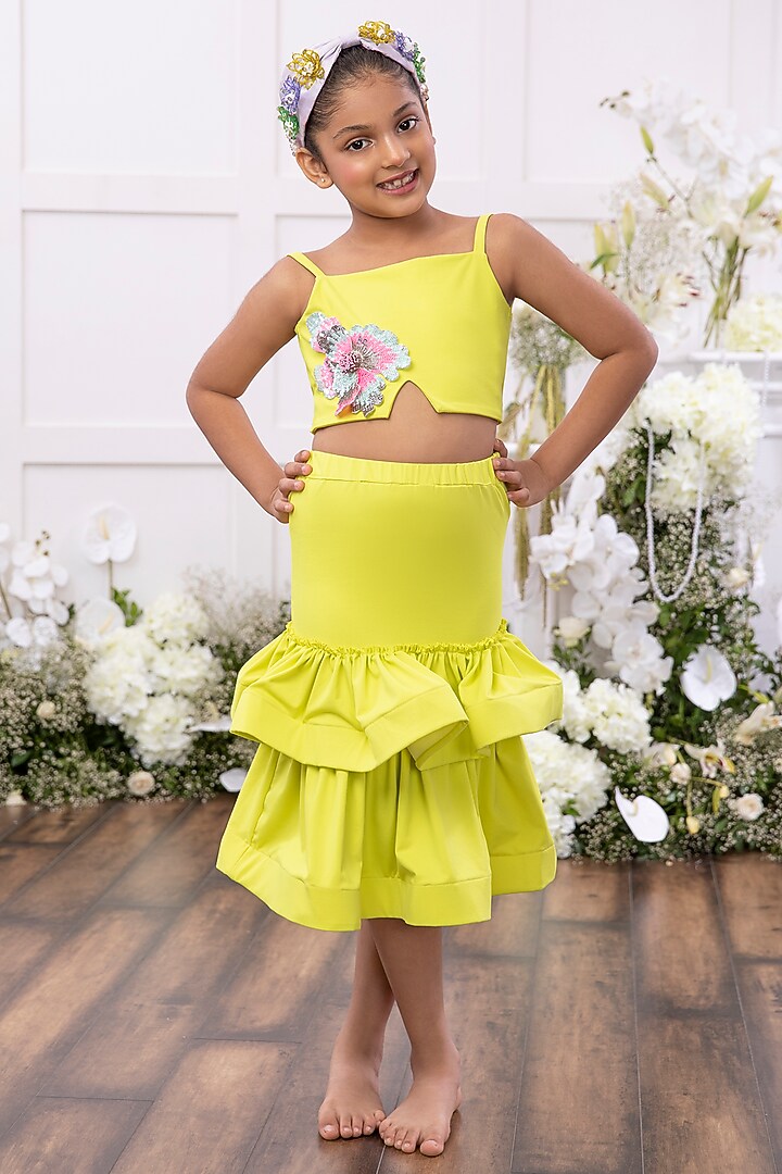 Yellow Stretch Fabric Ruffled Skirt Set For Girls by Tinsel Kids at Pernia's Pop Up Shop