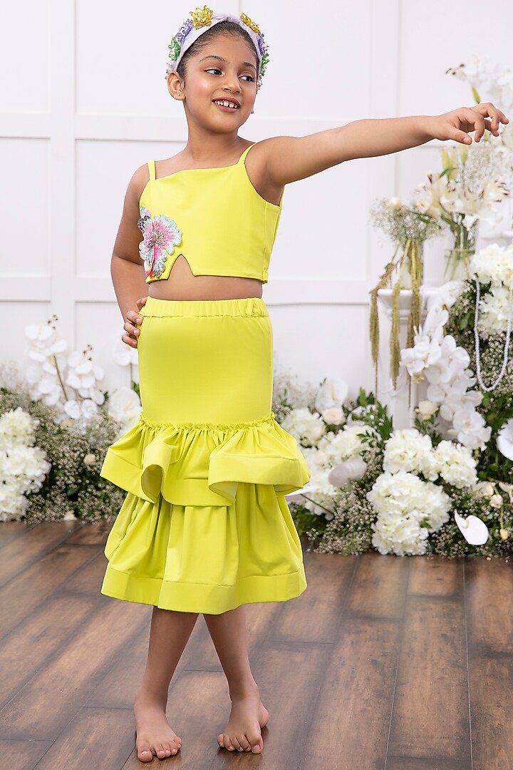 Yellow Stretch Fabric Ruffled Skirt Set For Girls by TAMASHA at Pernia's Pop Up Shop