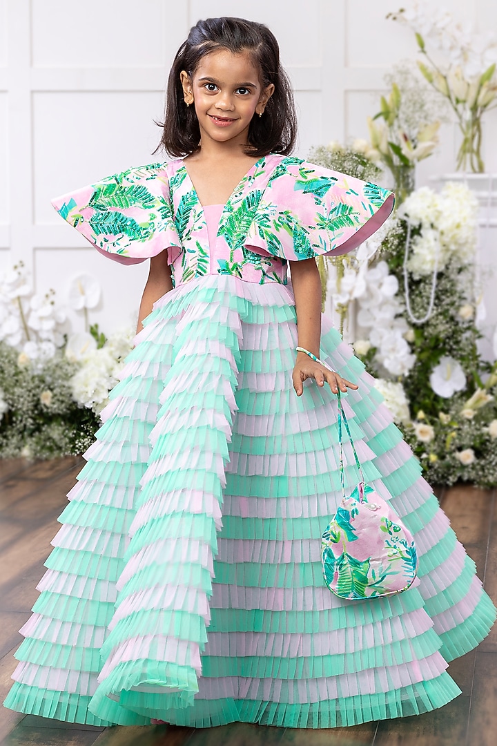 Light Blue Net Printed Gown For Girls by Tinsel Kids at Pernia's Pop Up Shop