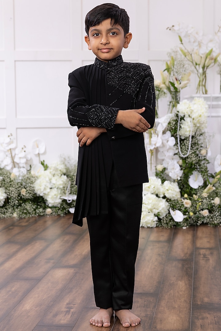 Jet Black Silk Beadwork Sherwani Set by Tinsel Kids at Pernia's Pop Up Shop