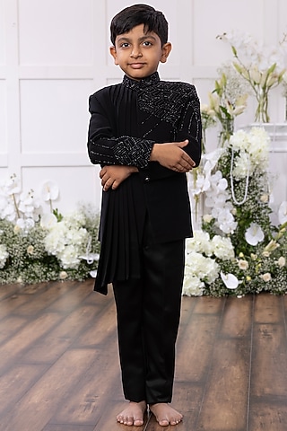 Jet Black Silk Beadwork Sherwani Set by TAMASHA