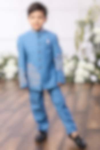 Blue Silk Floral Embroidered Bandhgala Set For Boys by Tinsel Kids at Pernia's Pop Up Shop
