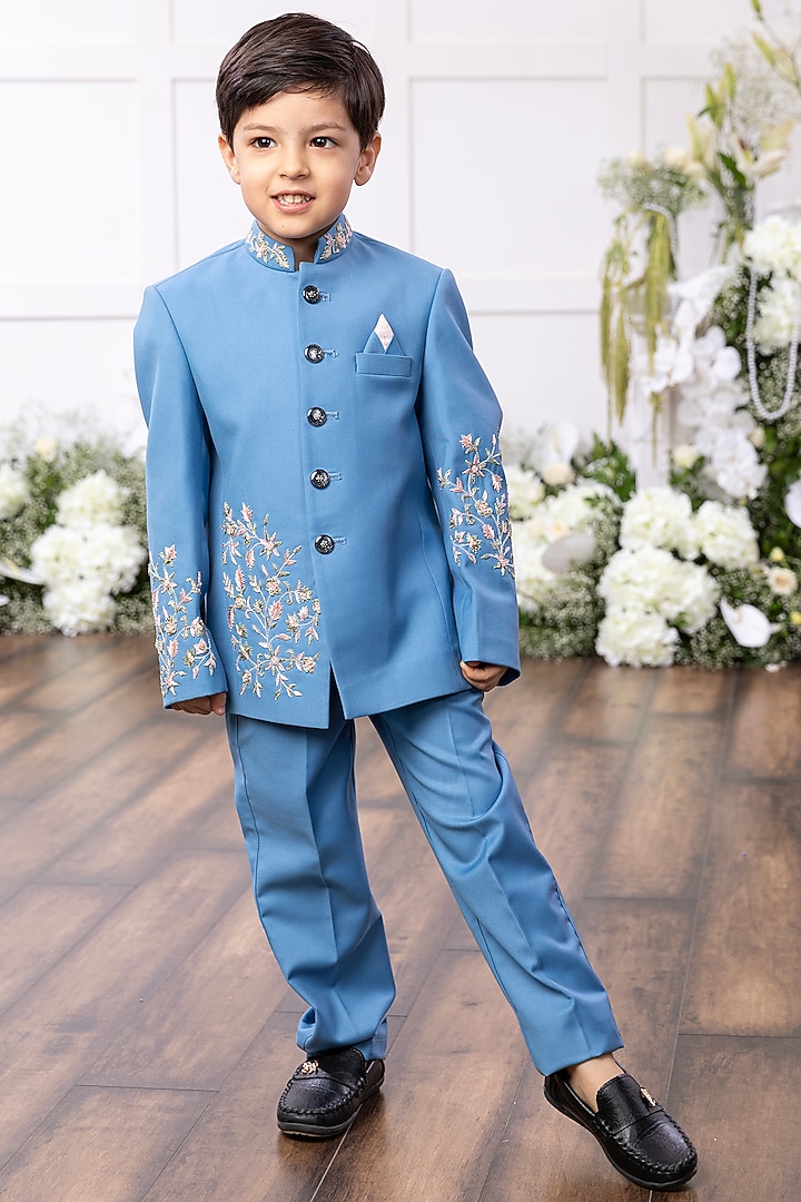Blue Silk Floral Embroidered Bandhgala Set For Boys by Tinsel Kids at Pernia's Pop Up Shop