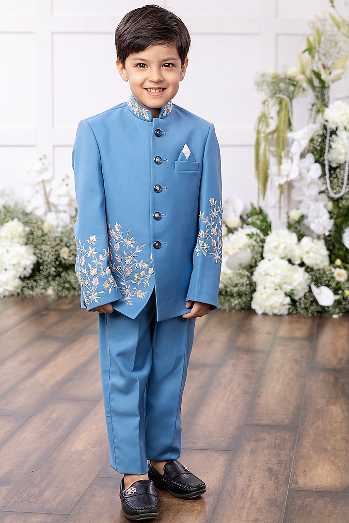 Blue Silk Floral Embroidered Bandhgala Set For Boys by TAMASHA at Pernia's Pop Up Shop