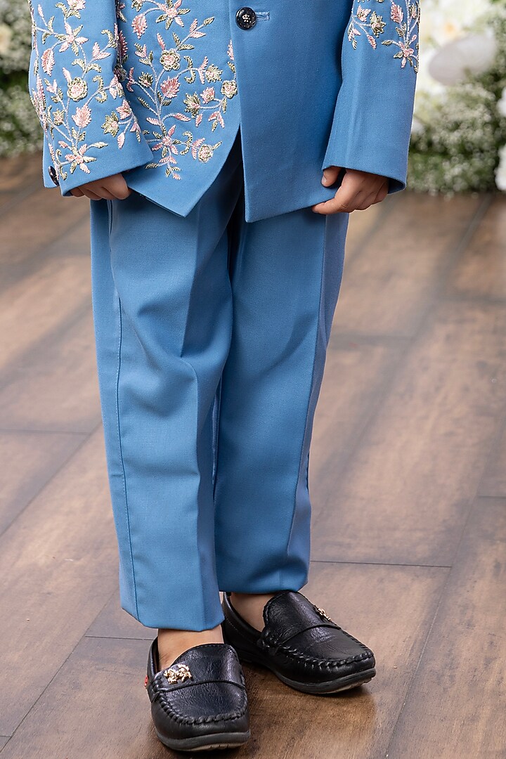 Blue Silk Floral Embroidered Bandhgala Set For Boys by TAMASHA at Pernia's Pop Up Shop