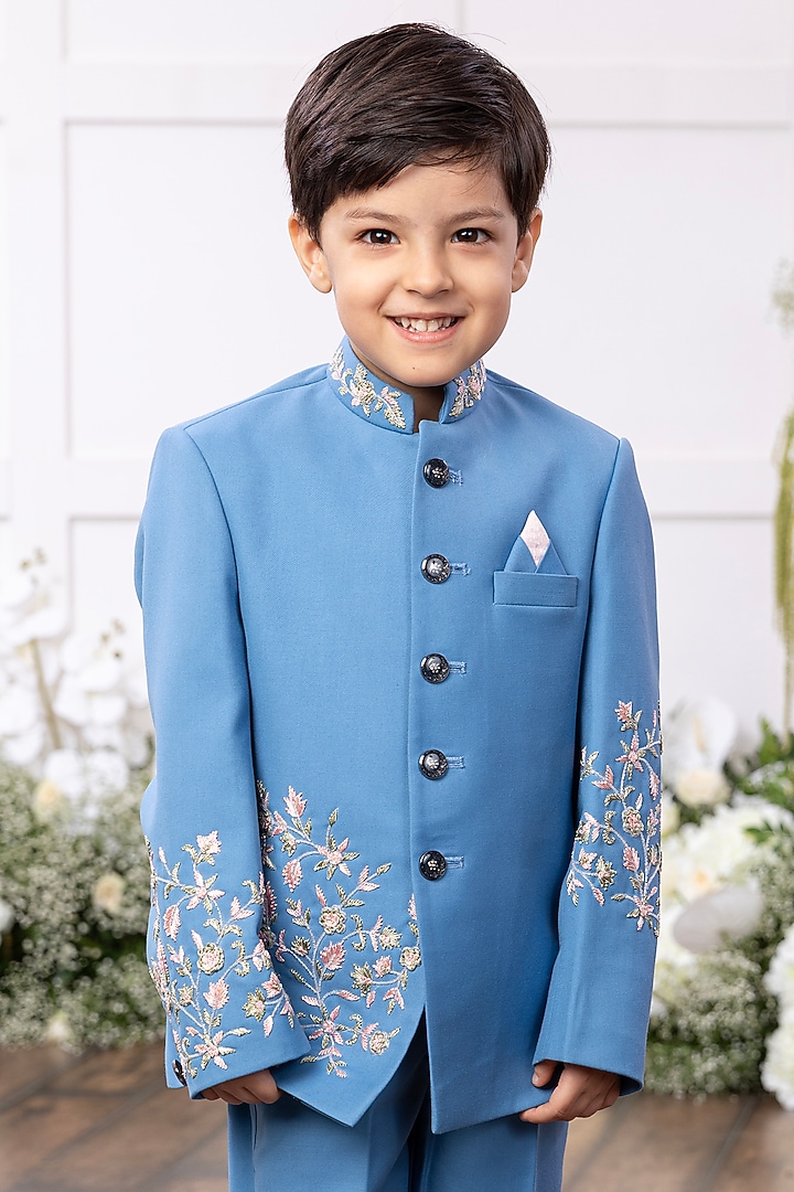 Blue Silk Floral Embroidered Bandhgala Set For Boys by TAMASHA at Pernia's Pop Up Shop