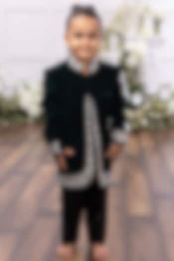 Emerald Green Velvet Embroidered Bandhgala Set For Boys by Tinsel Kids at Pernia's Pop Up Shop