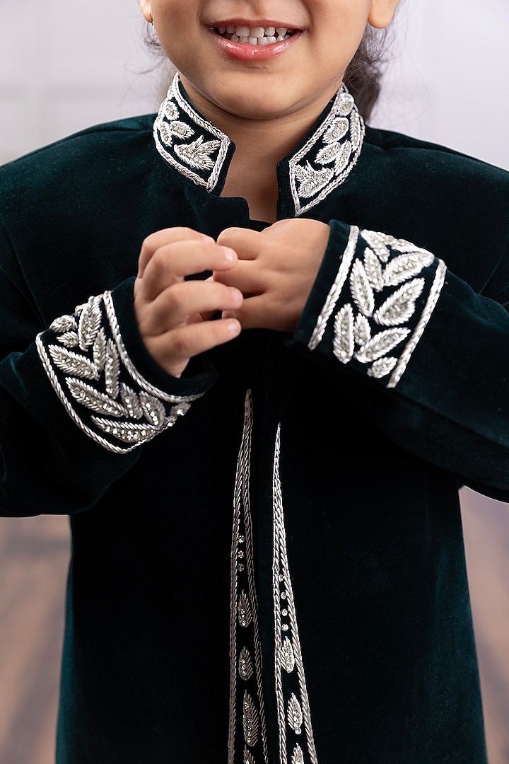 Emerald Green Velvet Embroidered Bandhgala Set For Boys by TAMASHA at Pernia's Pop Up Shop