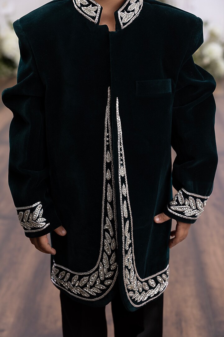 Emerald Green Velvet Embroidered Bandhgala Set For Boys by TAMASHA at Pernia's Pop Up Shop