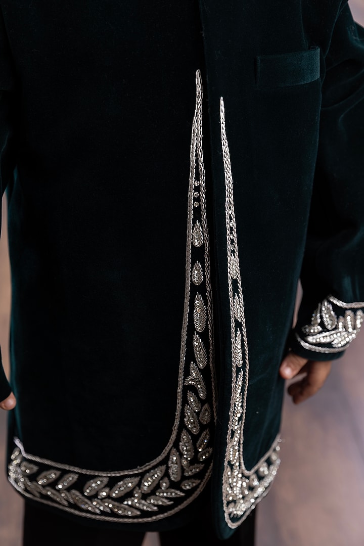 Emerald Green Velvet Embroidered Bandhgala Set For Boys by TAMASHA at Pernia's Pop Up Shop