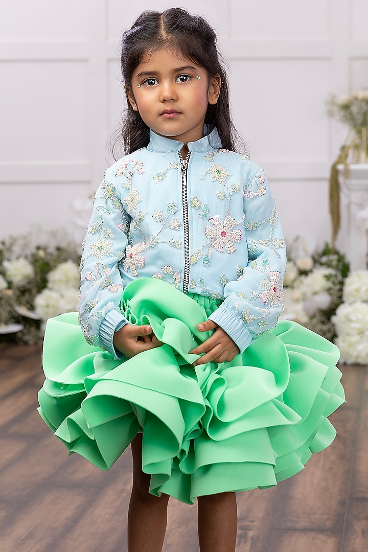Lime Green Scuba Ruffled Skirt Set For Girls by Tinsel Kids at Pernia's Pop Up Shop
