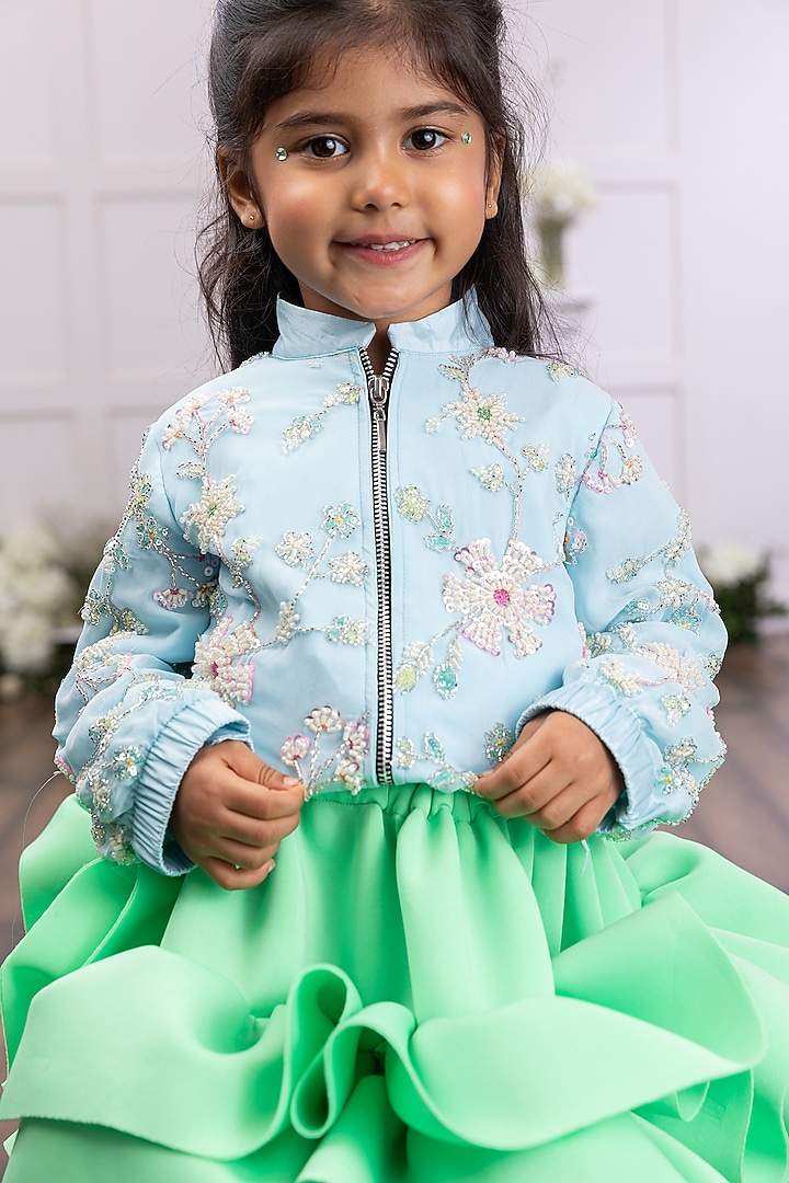 Lime Green Scuba Ruffled Skirt Set For Girls by TAMASHA at Pernia's Pop Up Shop