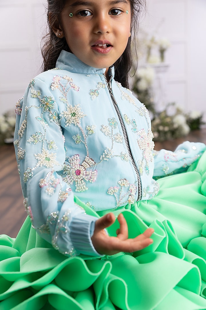Lime Green Scuba Ruffled Skirt Set For Girls by TAMASHA at Pernia's Pop Up Shop