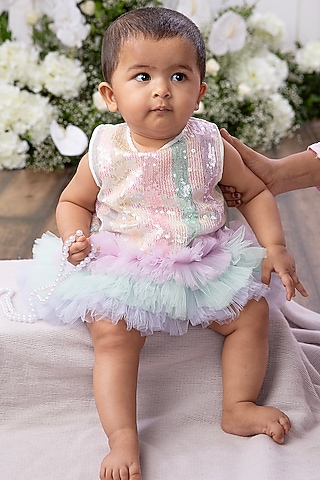 Multi-Colored Net Embroidered Dress For Girls by Tinsel Kids