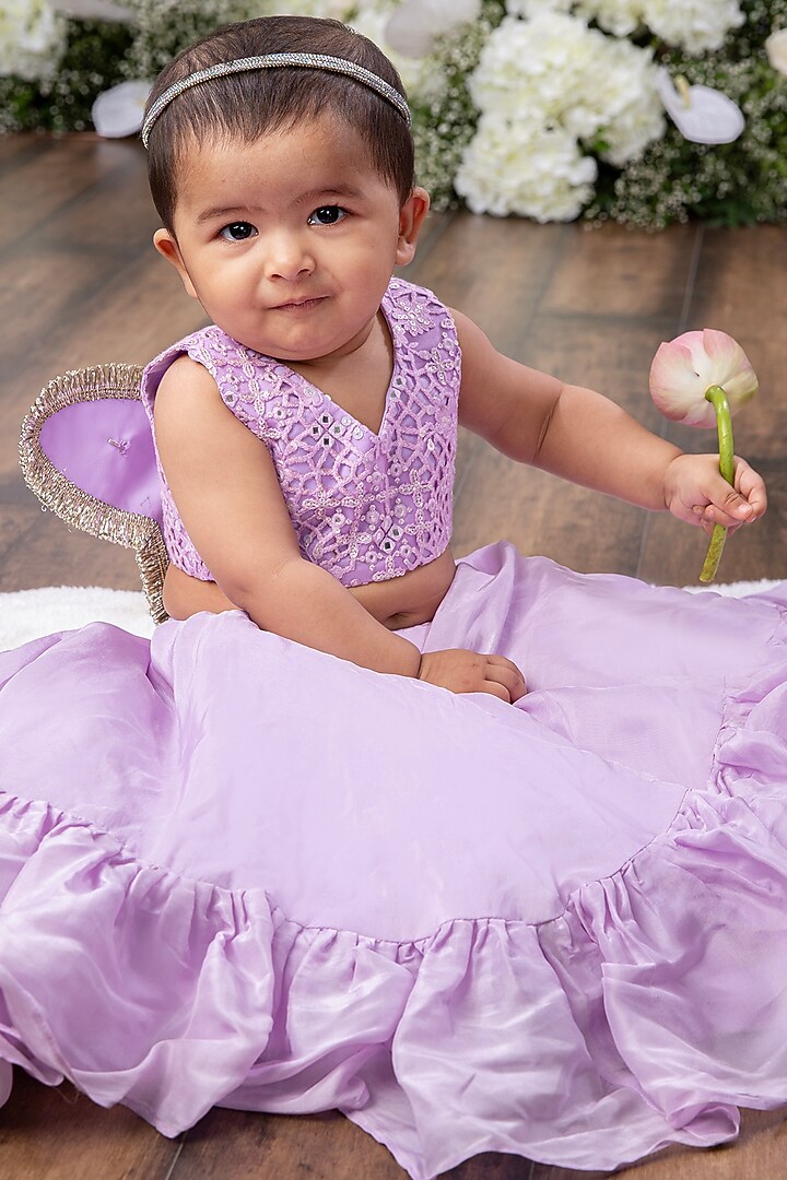 Lavender Silk & Banarasi Lehenga Set For Girls by Tinsel Kids at Pernia's Pop Up Shop