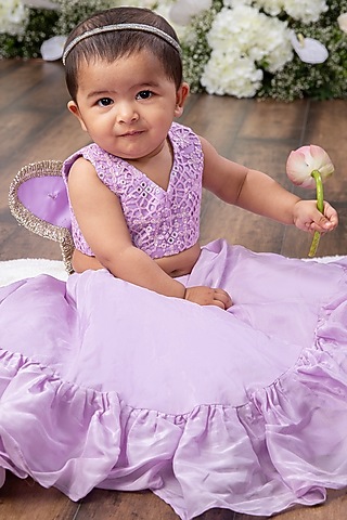 Lavender Silk & Banarasi Lehenga Set For Girls by Tinsel Kids