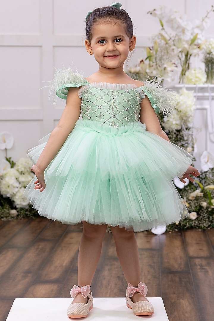 Soft Mint Silk & Net Hand Embellished Dress For Girls by Tinsel Kids at Pernia's Pop Up Shop