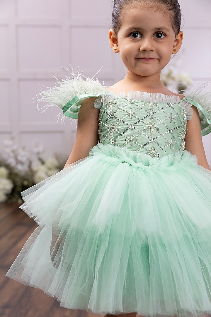Soft Mint Silk & Net Hand Embellished Dress For Girls by TAMASHA at Pernia's Pop Up Shop