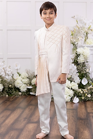 Ivory Silk Embroidered Sherwani Set For Boys by TAMASHA