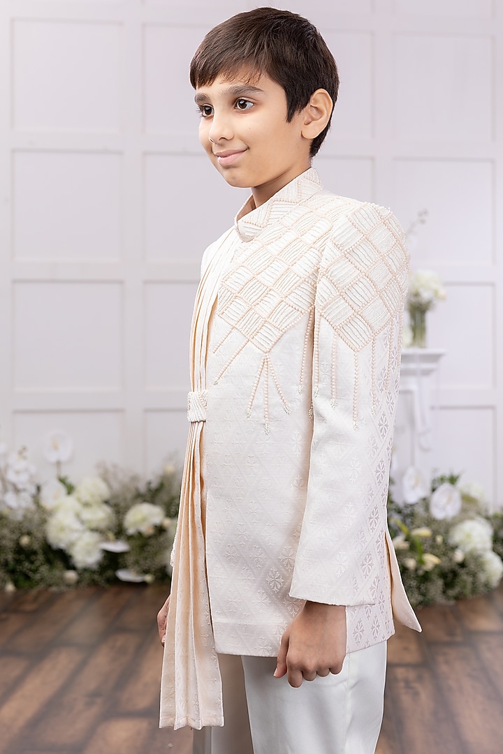 Ivory Silk Embroidered Sherwani Set For Boys by TAMASHA at Pernia's Pop Up Shop