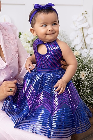Purple & Blue Structured Fabric Embroidered Lehenga Set For Girls by Tinsel Kids