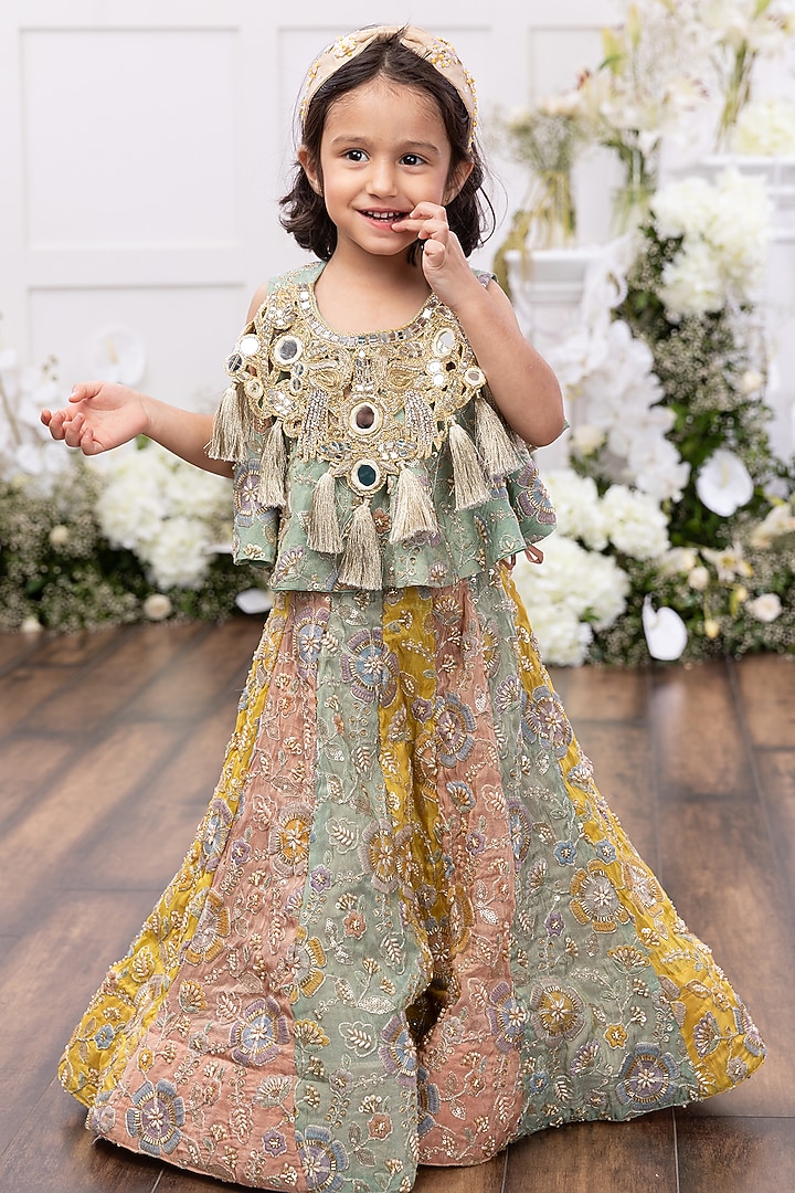 Multi-Colored Silk Embroidered Lehenga Set For Girls by Tinsel Kids at Pernia's Pop Up Shop