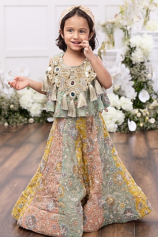 Multi-Colored Silk Embroidered Lehenga Set For Girls by Tinsel Kids
