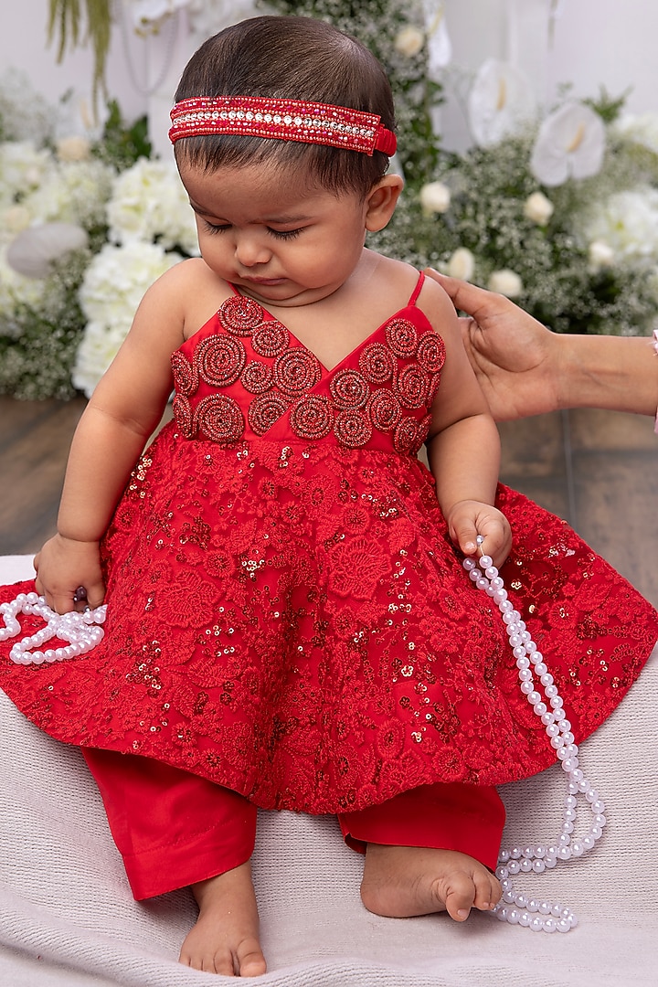 Red Silk Embroidered Dress For Girls by Tinsel Kids at Pernia's Pop Up Shop