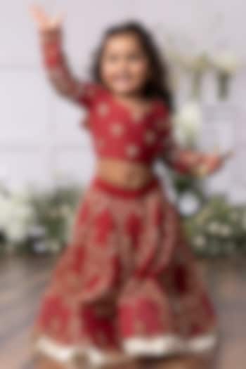 Red Silk Embroidered Lehenga Set For Girls by Tinsel Kids at Pernia's Pop Up Shop