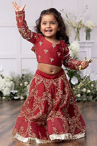 Red Silk Embroidered Lehenga Set For Girls by TAMASHA