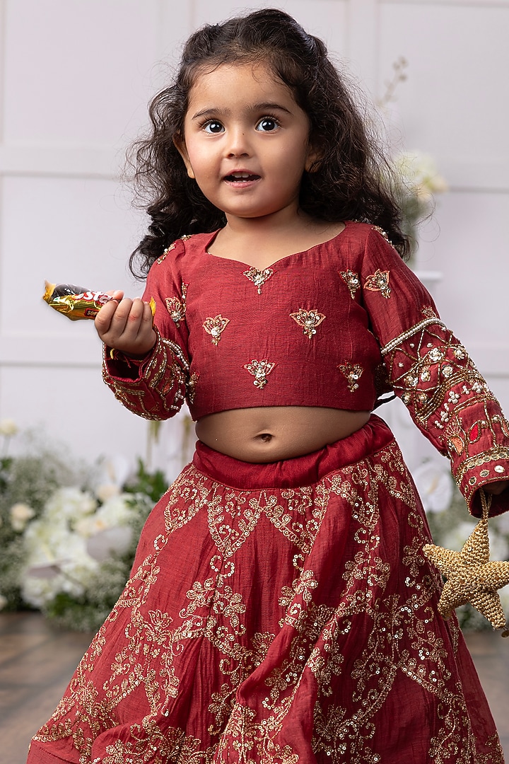 Red Silk Embroidered Lehenga Set For Girls by TAMASHA at Pernia's Pop Up Shop