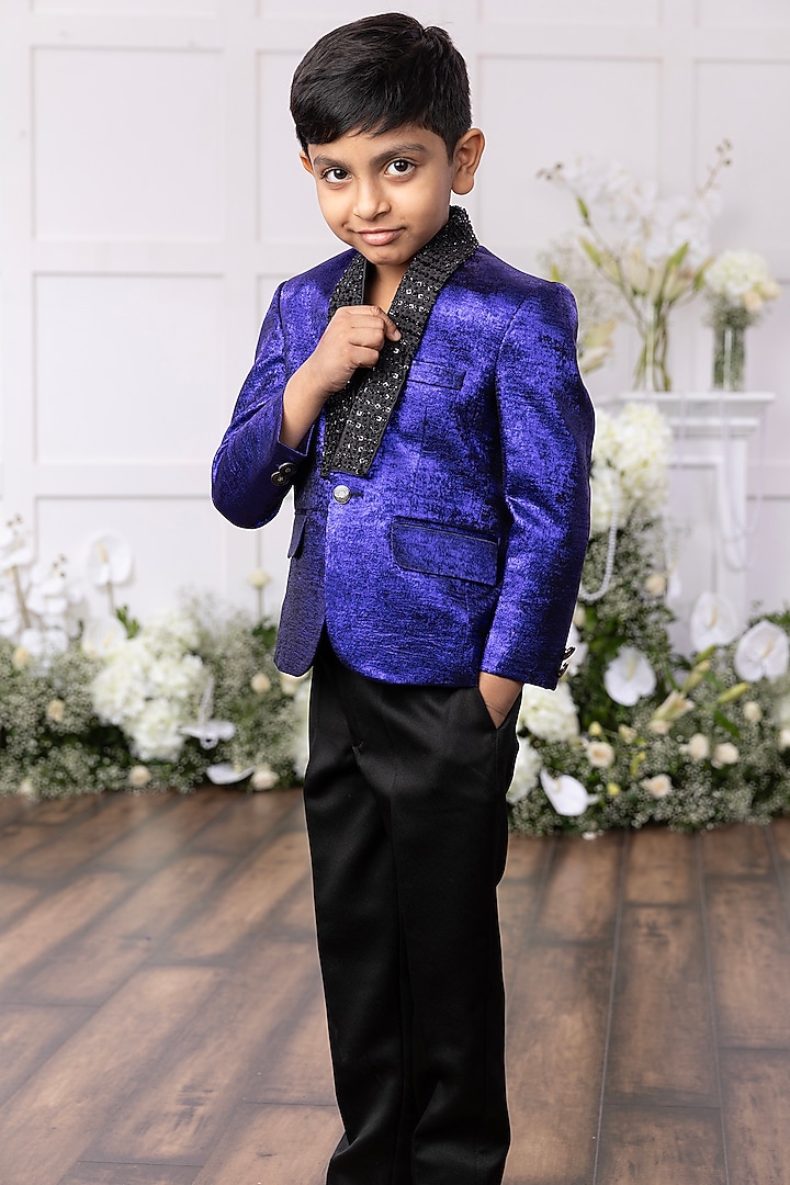 Royal Blue Silk Embroidered Blazer Set For Boys by Tinsel Kids at Pernia's Pop Up Shop