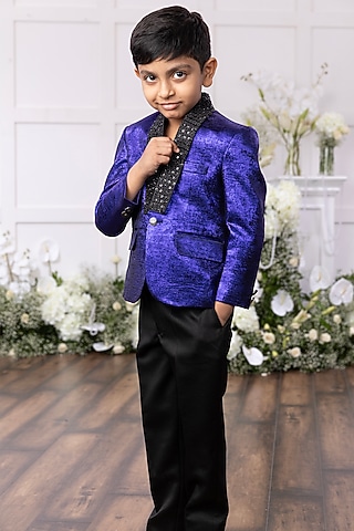 Royal Blue Silk Embroidered Blazer Set For Boys by Tinsel Kids