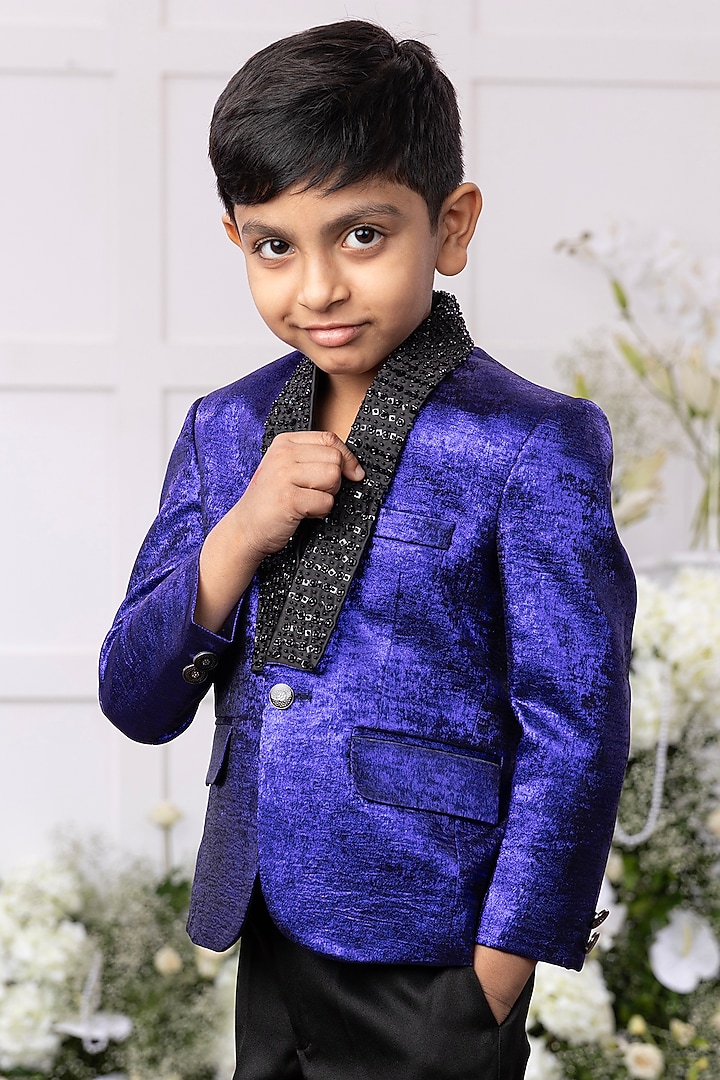 Royal Blue Silk Embroidered Blazer Set For Boys by TAMASHA at Pernia's Pop Up Shop