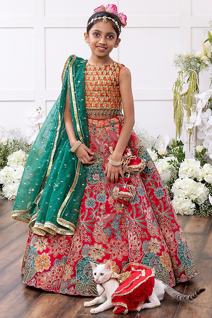 Red Silk & Banarasi Embroidered Lehenga Set For Girls by Tinsel Kids at Pernia's Pop Up Shop