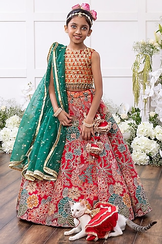 Red Silk & Banarasi Embroidered Lehenga Set For Girls by Tinsel Kids