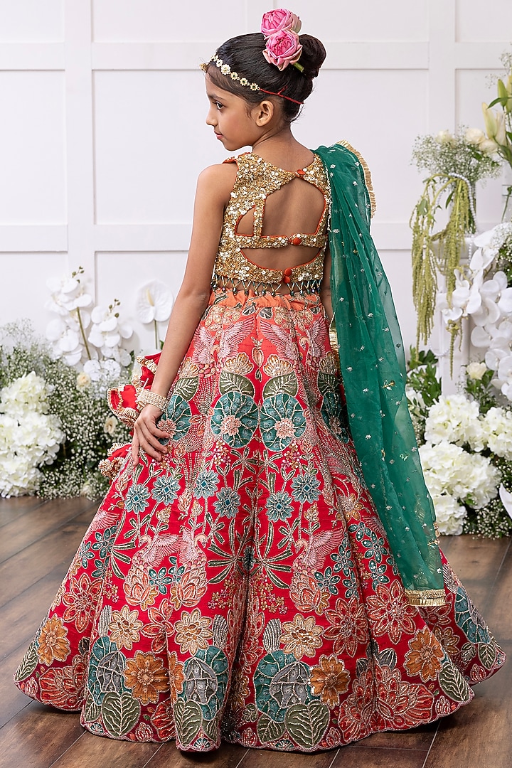 Red Silk & Banarasi Embroidered Lehenga Set For Girls by TAMASHA at Pernia's Pop Up Shop