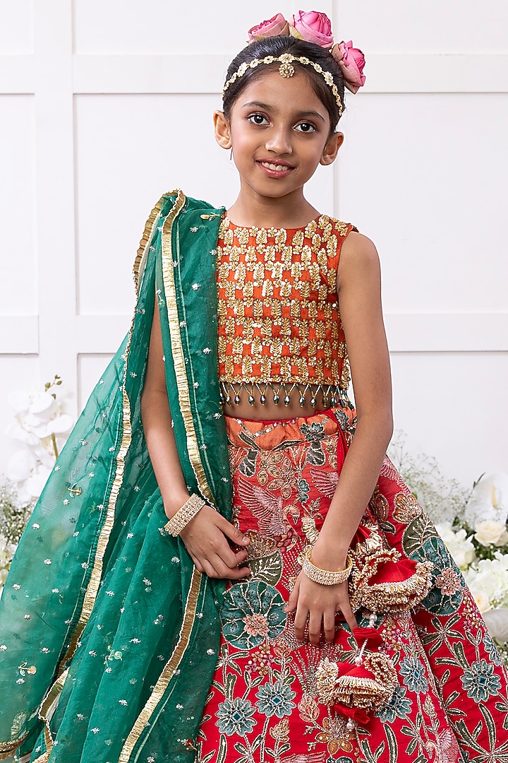 Red Silk & Banarasi Embroidered Lehenga Set For Girls by TAMASHA at Pernia's Pop Up Shop