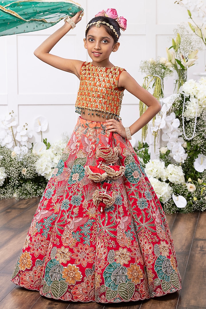 Red Silk & Banarasi Embroidered Lehenga Set For Girls by TAMASHA at Pernia's Pop Up Shop