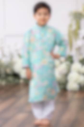 Aqua Blue Cotton Printed Kurta Set For Boys by Tinsel Kids at Pernia's Pop Up Shop