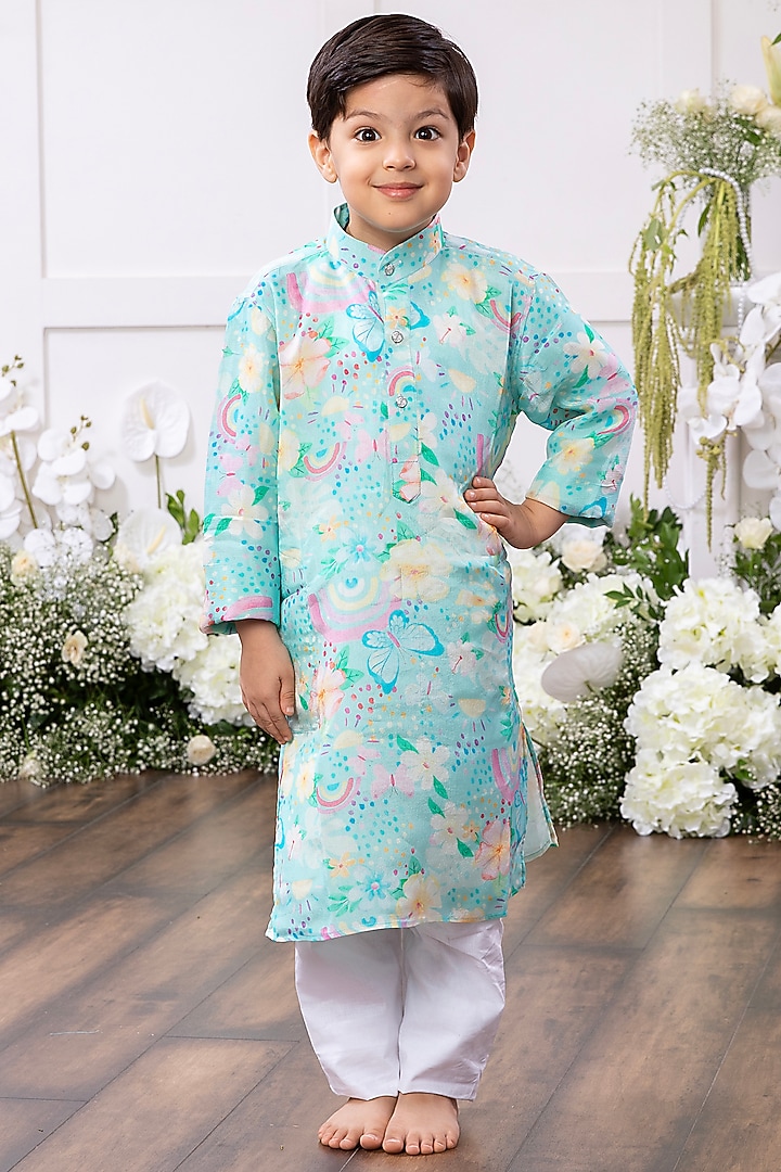 Aqua Blue Cotton Printed Kurta Set For Boys by Tinsel Kids at Pernia's Pop Up Shop