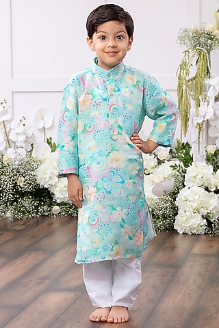 Aqua Blue Cotton Printed Kurta Set For Boys by Tinsel Kids