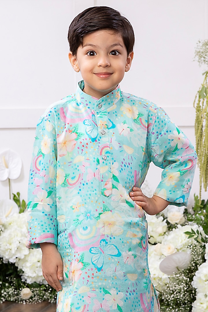 Aqua Blue Cotton Printed Kurta Set For Boys by TAMASHA at Pernia's Pop Up Shop