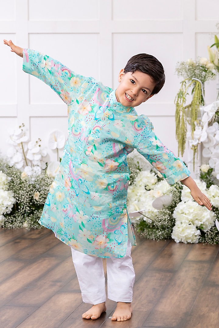 Aqua Blue Cotton Printed Kurta Set For Boys by TAMASHA at Pernia's Pop Up Shop