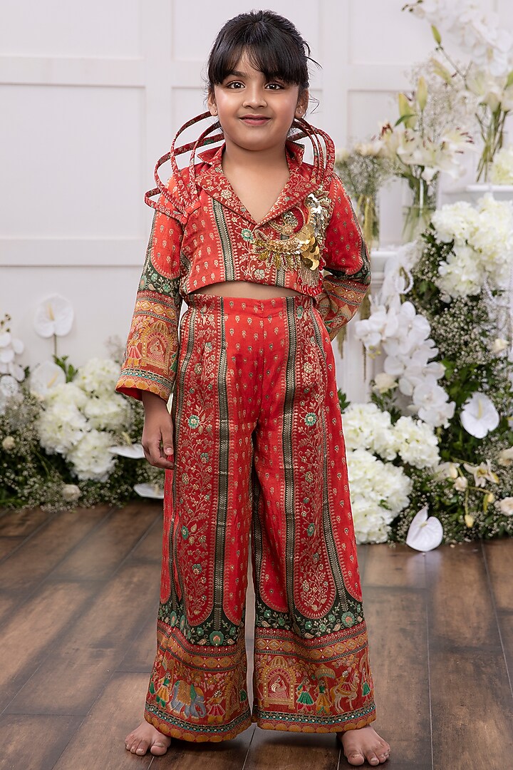 Red Silk Embroidered Co-Ord Set For Girls by Tinsel Kids at Pernia's Pop Up Shop