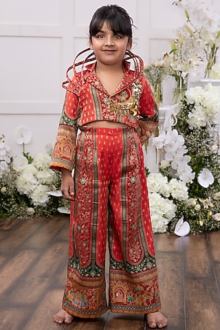Red Silk Embroidered Co-Ord Set For Girls by Tinsel Kids